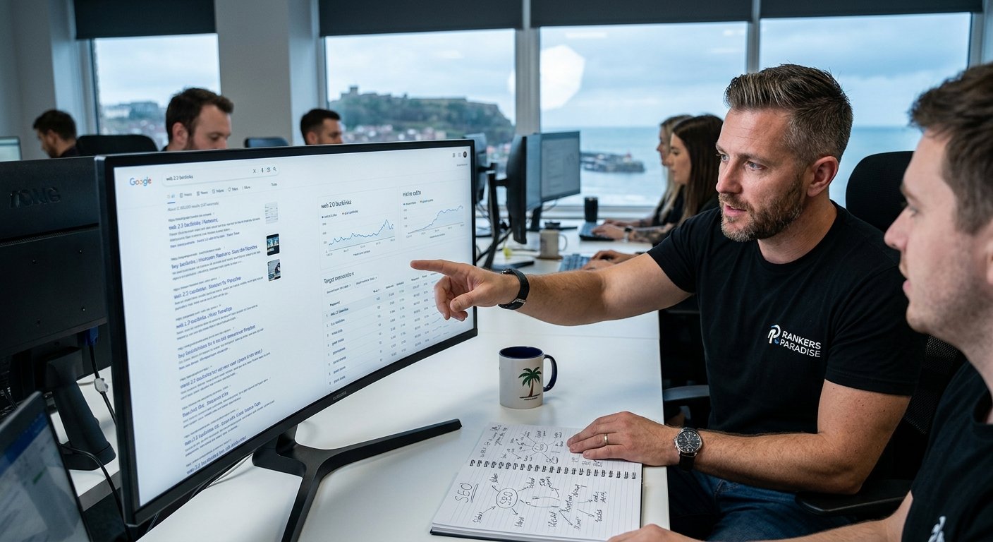 An SEO specialist pointing at a computer screen displaying Google search ranking graphs and link campaign data in an office setting.