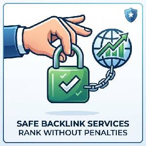 Illustration of a hand holding a padlock connected to ranking graphs, representing safe backlink services.