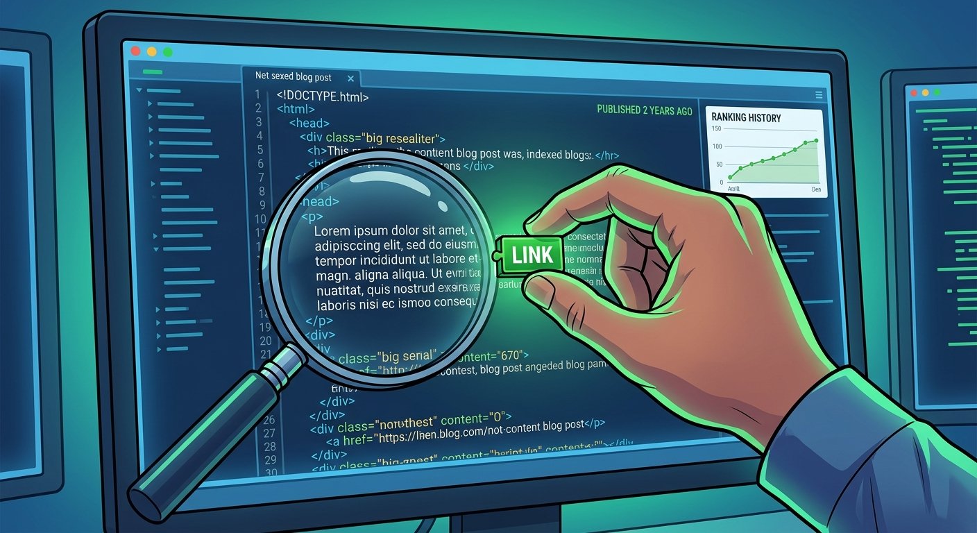A close-up digital illustration, utilizing the data-driven code display style and blue/green lighting seen in image_1.png and image_2.png, showing a stylized digital hand precisely inserting a contextual green 'LINK' module into a specific paragraph of HTML code on an aged, indexed web page.