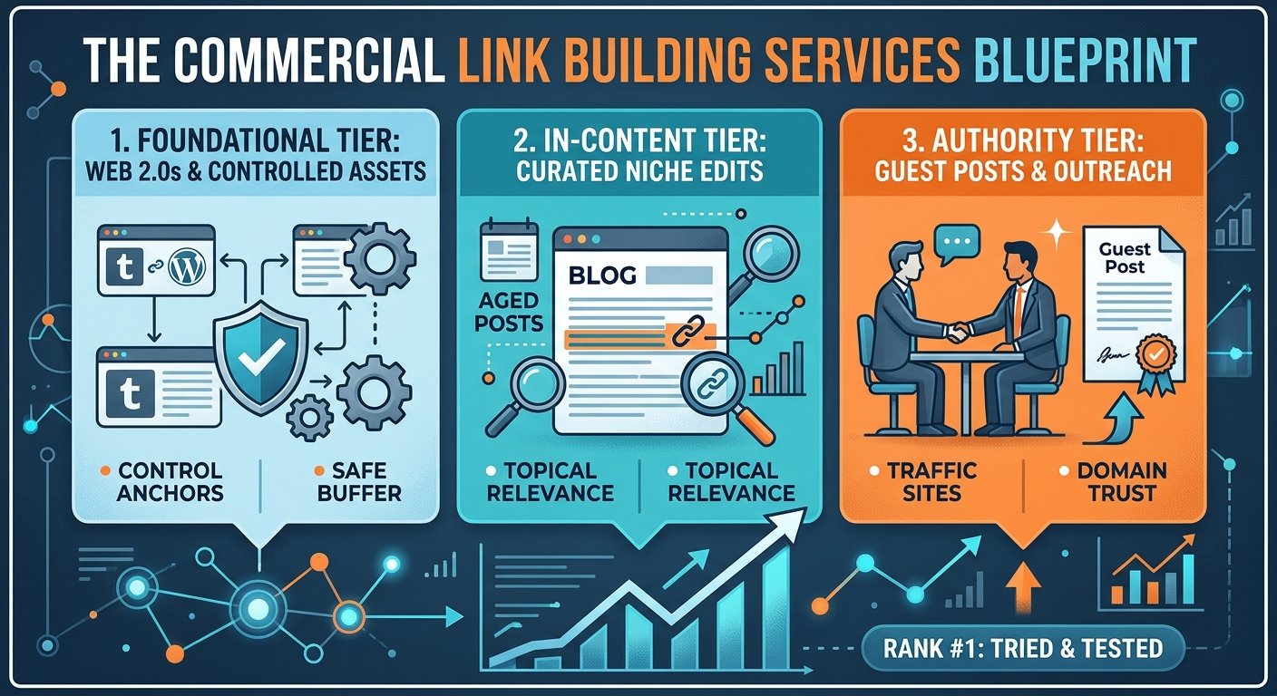 An infographic visualizing the three-tier commercial link building blueprint, including Web 2.0s, Niche Edits, and Guest Posts.