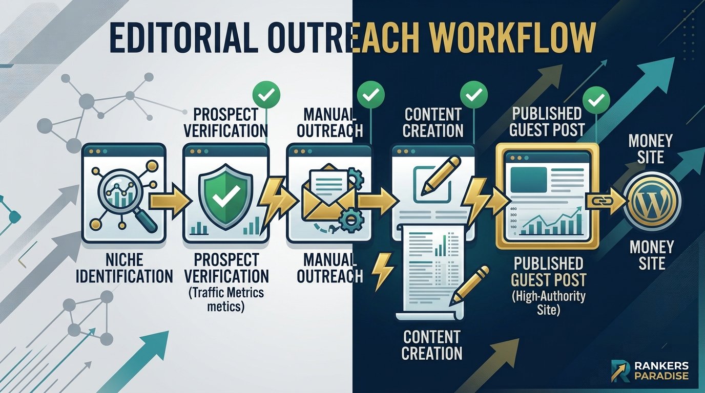 Data-driven illustration visualizing the workflow of manual outreach and content creation used to secure genuine editorial guest placements.