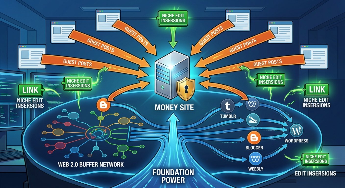 A complex digital illustration, merging the clean operational styles and lighting from image_1.png, image_2.png, and image_3.png, showing a fortified 'MONEY SITE' at the center. It is surrounded by synchronized, interconnected layers of Web 2.0 buffer networks (blue), Guest Post streams (orange), and Niche Edit insertions (green), visualizing a multi-tiered link building machine.