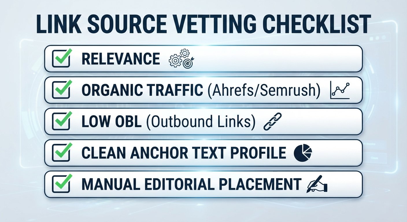 A five-point checklist for vetting backlink sources: Relevance, Traffic, OBL, Anchors, and Placement