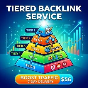 Tiered backlink service 5-step link pyramid strategy graphic showing multi-tier SEO link building structure
