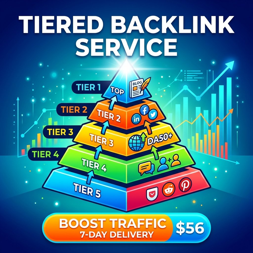 Infographic illustration of the tiered backlink service breaking down 145 high-impact links across 5 tiers