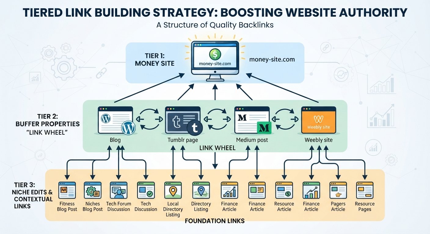 Infographic diagram showing a structured link building campaign with a money site, Web 2.0 buffers, and niche edits.