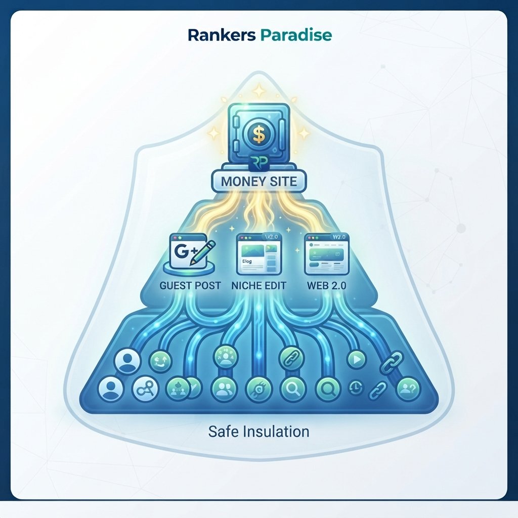 Infographic of a three-tier link building pyramid. Tier 1 (Guest Posts, Niche Edits, Web 2.0s) powers the Money Site, protected by a 'Safe Insulation' shield.