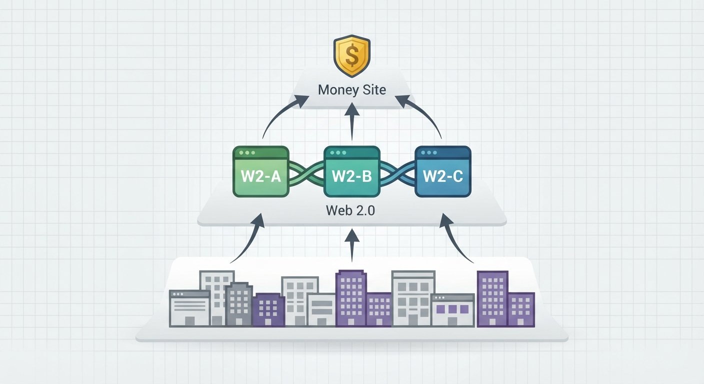 Infographic showing a tiered SEO link building strategy with Web 2.0s buffering the money site.