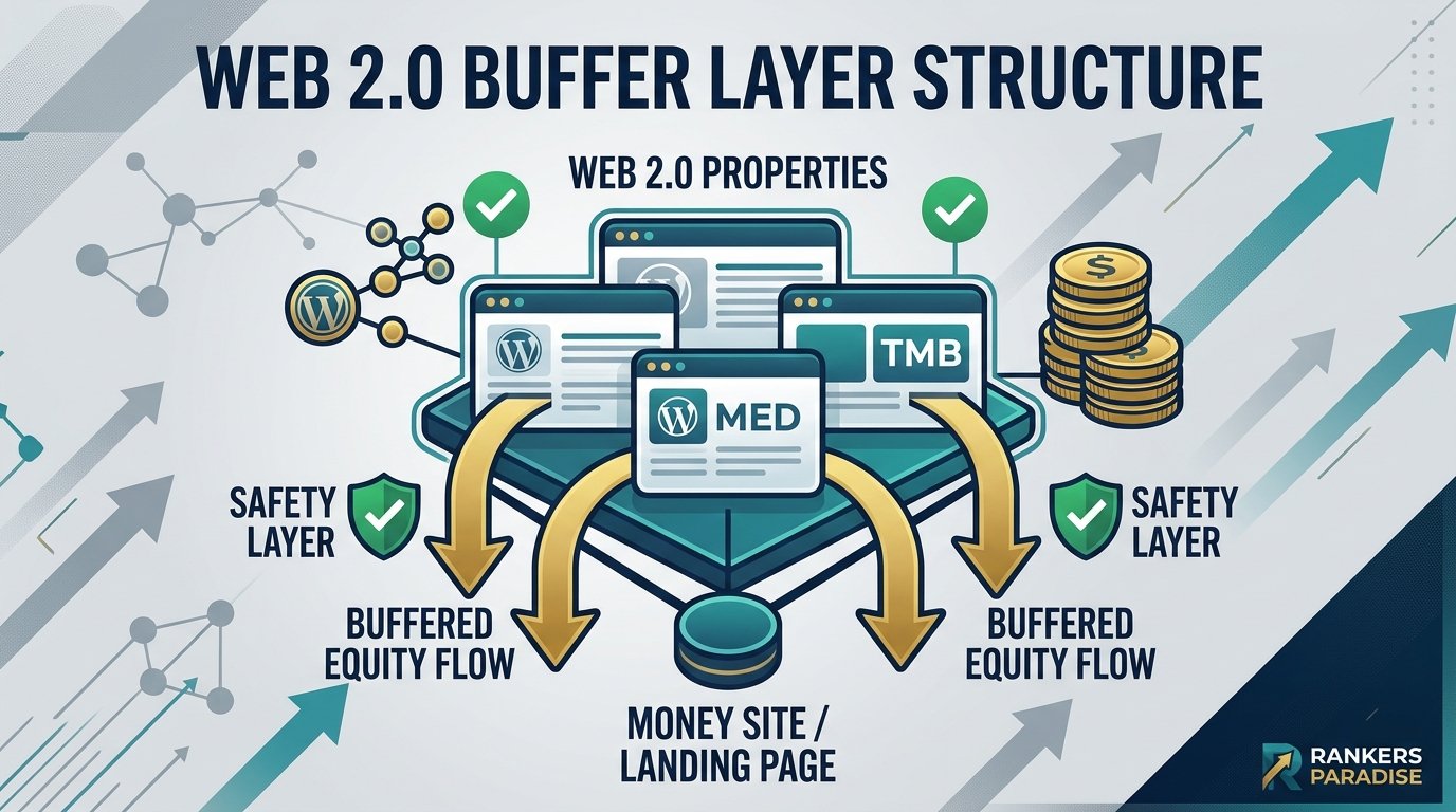 Illustration showing safe Web 2.0 backlink structure used as a foundational buffer for an SEO campaign.