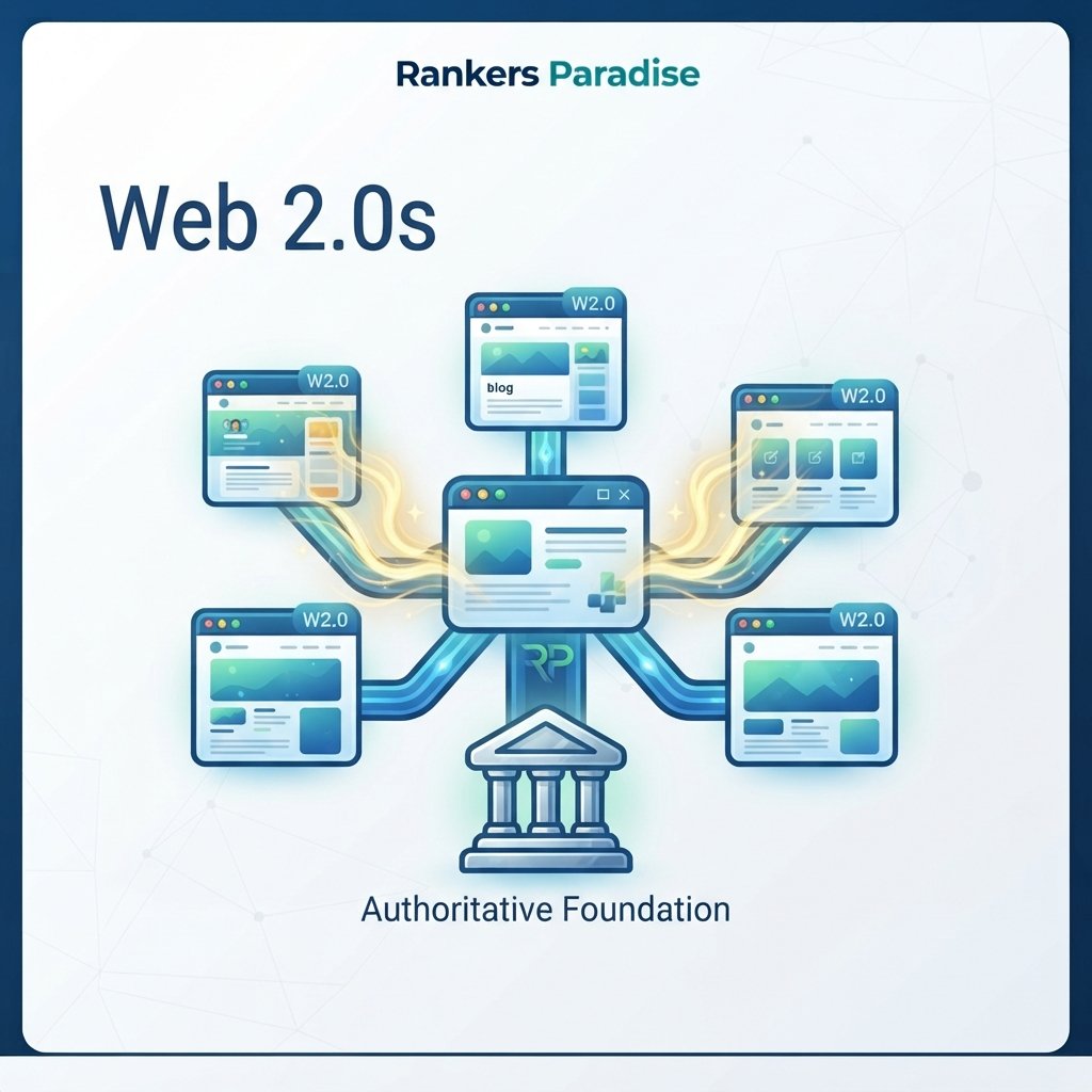 Infographic showing a network of interconnected Web 2.0 properties (blogs, microblogs) channeling golden energy to a central hub interface.