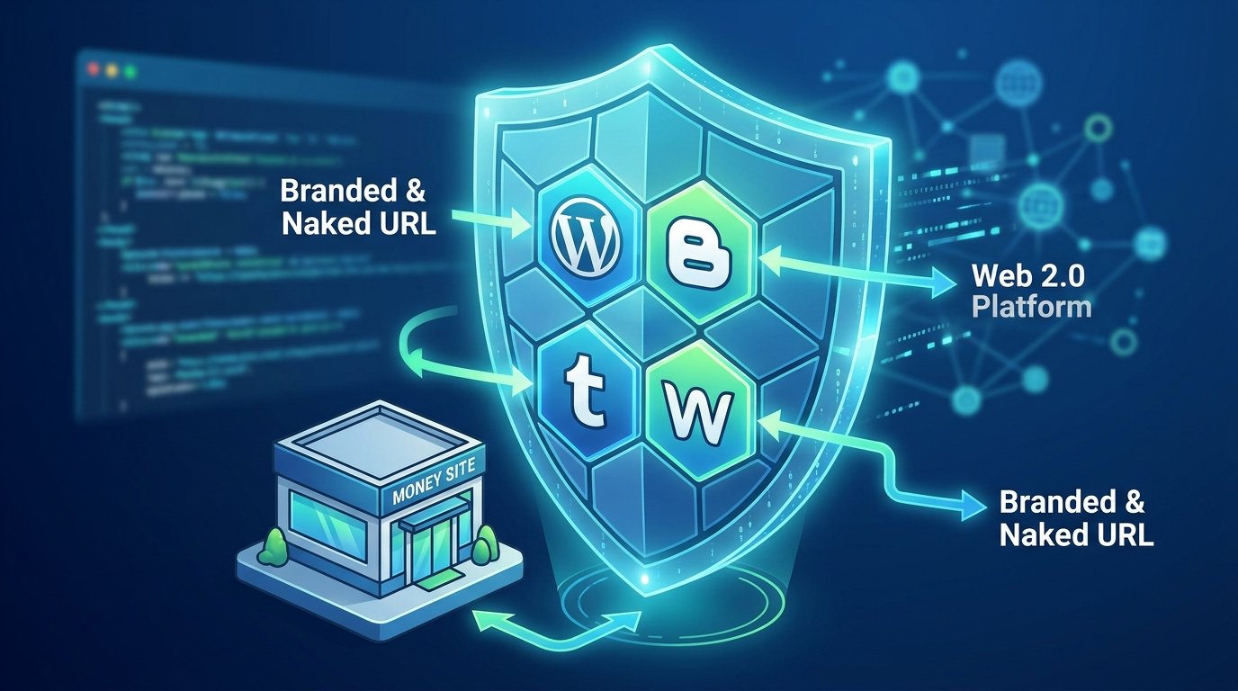 An illustration demonstrating the foundational safety buffer model, showing how powerful Web 2.0 assets create a protective layer for the main website while building initial authority.
