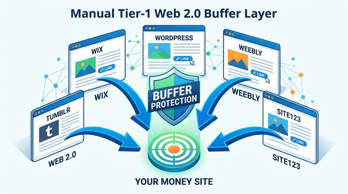 Web 2.0 buffer layer graphic showing links from manual platforms like WordPress and Wix pointing to a central money site for safety in backlink campaigns.