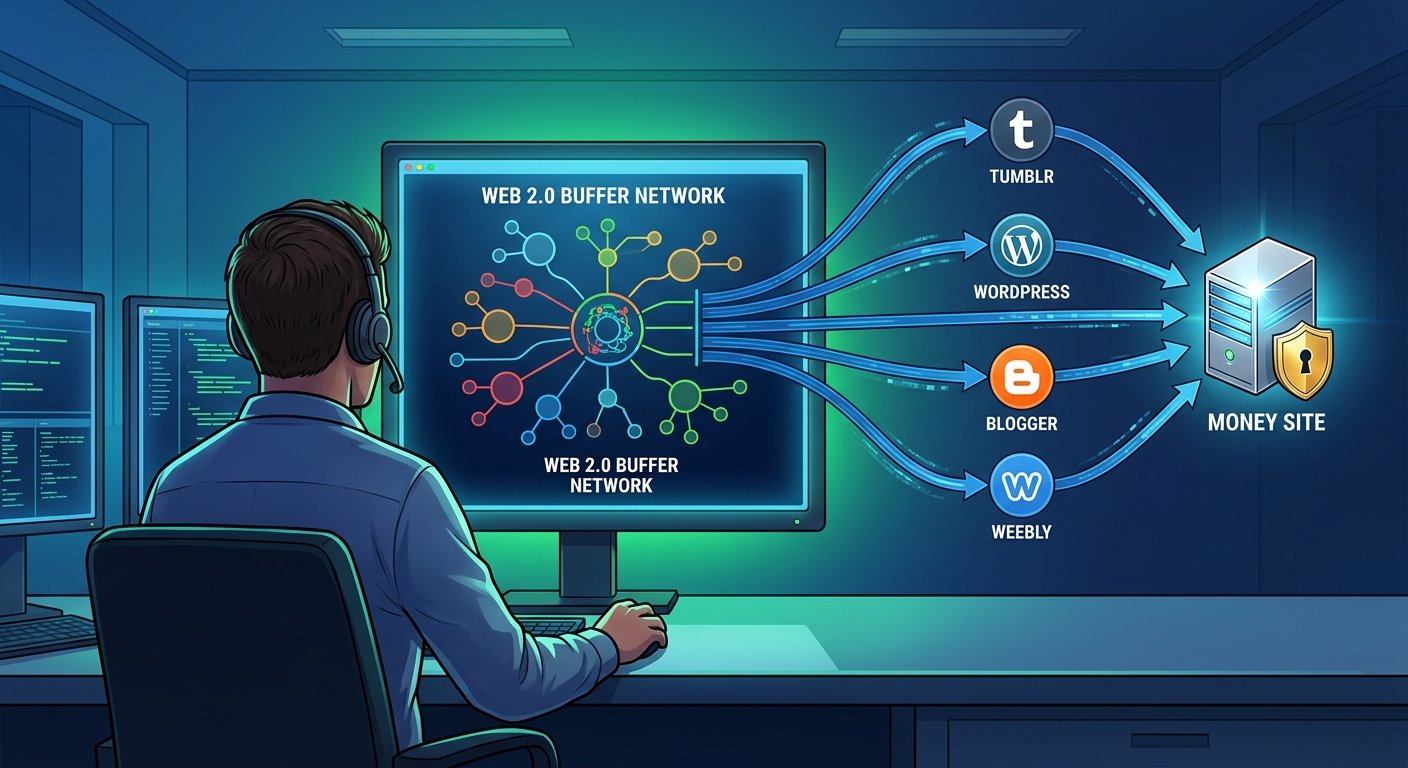 A clean digital illustration of an operator managing a structured Web 2.0 buffer network, with blue connection lines flowing control signals toward a central 'MONEY SITE'.