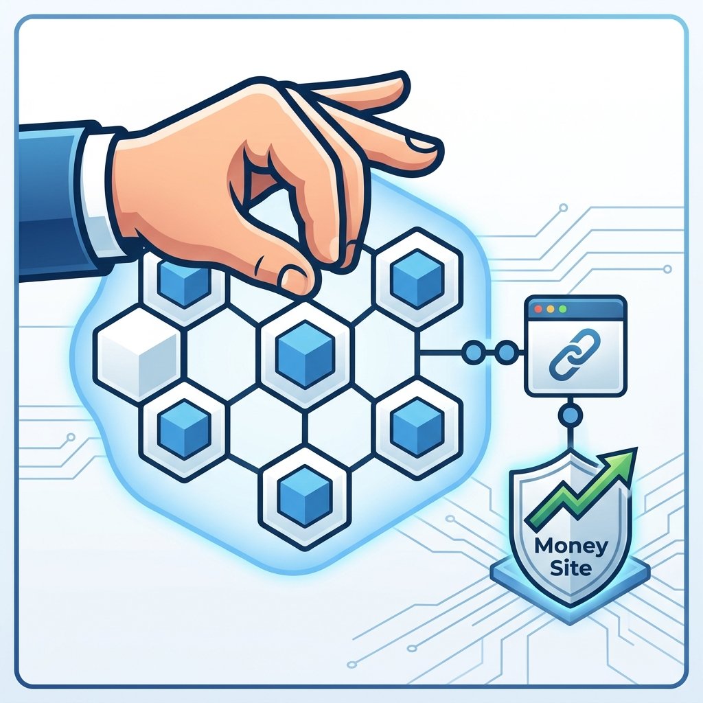 Illustration of a hand interacting with controlled hexagonal Web 2.0 blog modules to create a safe buffer network for a central website.