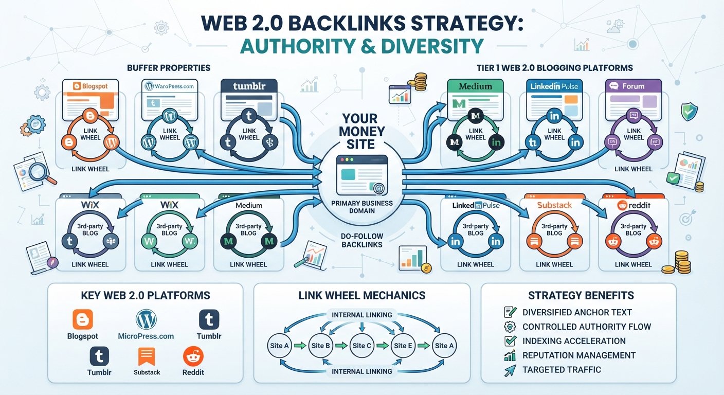 Digital graphic illustrating Web 2.0 properties acting as a safe foundation and buffer tier for SEO.