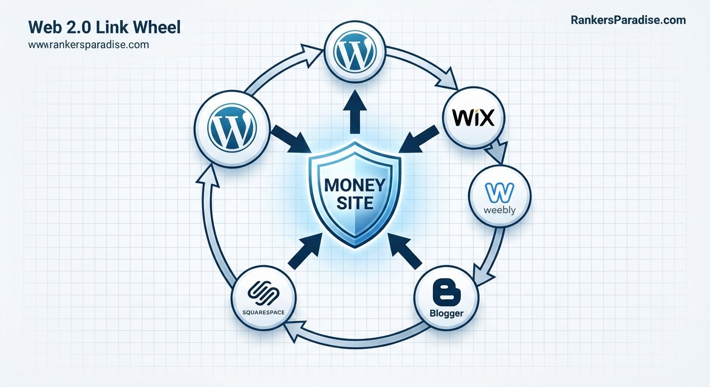 Diagram of a Web 2.0 link wheel strategy for SEO, showing interlinking properties