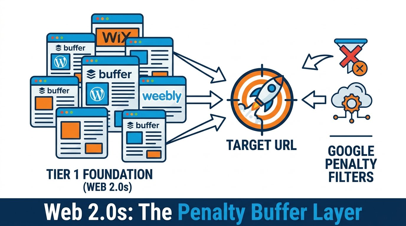 Web 2.0 backlinks diagram showing buffer sites protecting a money site from Google penalties.